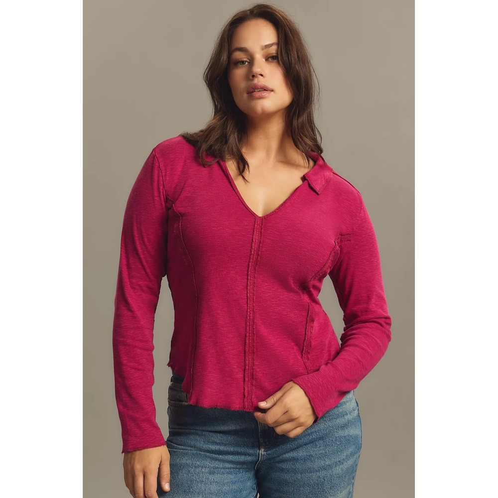 Pilcro Anthropologie Womens Stitched Preppy Long Sleeve Cotton Blend Top XS Pink